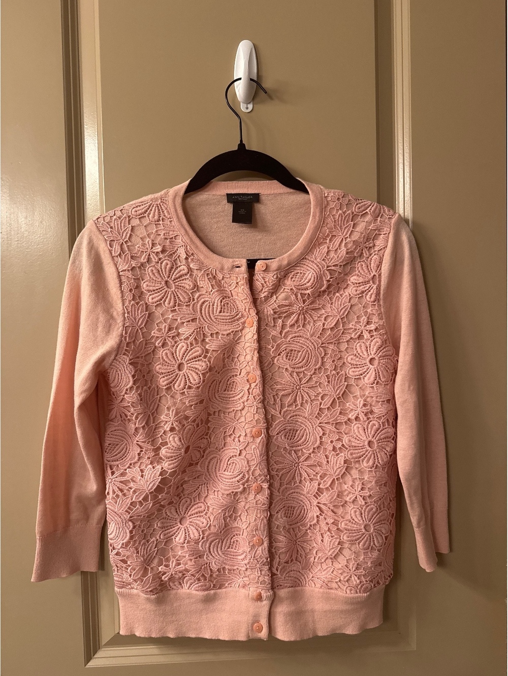 Ann Taylor Pink Lace Front Cardigan Sweater, Size XS Petite